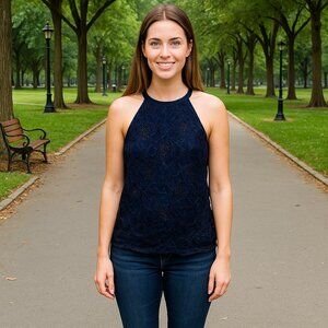 Willow & Clay Blue w/Gold Bead Embellished Lace Overly‎ Tunic Top Minimalist M